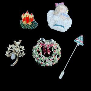 Lot of 5 Miscellaneous Christmas Gold Tone Hat/Lapel Pins